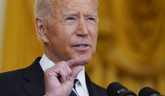 President Joe Biden speaks from the East Room of the White House in Washington, Wednesday, Aug 18, 2021, on the COVID-19 response and vaccination program. (AP Photo/Susan Walsh) **FILE**
