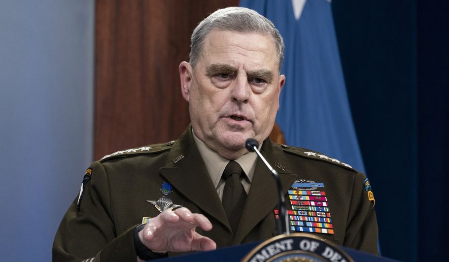 Joint Chiefs Chairman Gen. Mark Milley speaks during a media briefing at the Pentagon, Wednesday, Aug. 18, 2021, in Washington. (AP Photo/Alex Brandon)
