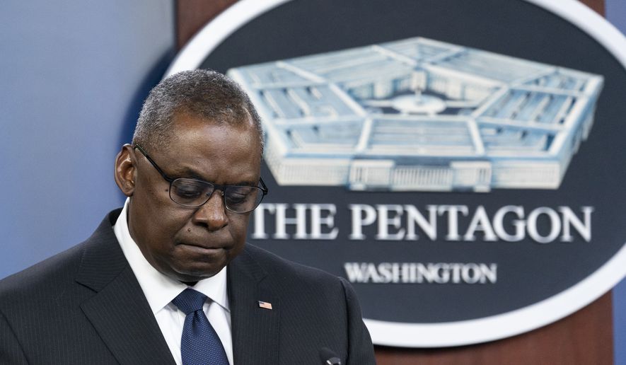 Secretary of Defense Lloyd Austin pauses while speaking during a media briefing at the Pentagon, Wednesday, Aug. 18, 2021, in Washington. (AP Photo/Alex Brandon)