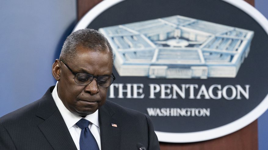 Secretary of Defense Lloyd Austin pauses while speaking during a media briefing at the Pentagon, Wednesday, Aug. 18, 2021, in Washington. (AP Photo/Alex Brandon)