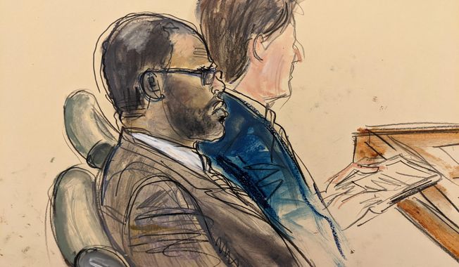 In this courtroom artist&#x27;s sketch made from a video screen monitor of a Brooklyn courtroom, defendant R. Kelly, left, listens during the opening day of his trial, Wednesday, Aug. 18, 2021 in New York. The prosecutor described sex abuse claims against Kelly, saying the long-anticipated trial now underway was &amp;quot;about a predator&amp;quot; who used his fame to entice girls, boys and young women before dominating and controlling them physically, sexually and psychologically. (AP Photo/Elizabeth Williams)