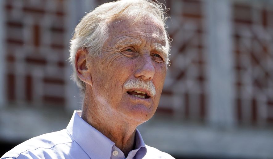 In this June 18, 2021, file photo, U.S. Sen. Angus King, I-Maine, speaks at Acadia National Park in Winter Harbor, Maine. King tested positive for COVID-19 on Thursday, Aug. 19, 2021, a day after he began feeling under the weather, his office announced. (AP Photo/Robert F. Bukaty, File)