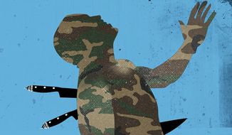 Illustration on betrayal in Afghanistan by Linas Garsys/The Washington Times