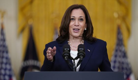In this Aug. 10, 2021, file photo, Vice President Kamala Harris speaks from the East Room of the White House in Washington. The Taliban takeover of Afghanistan has given new urgency to Harris’ tour of southeast Asia, where she will attempt to reassure allies of American resolve following the chaotic end of a two-decade war. (AP Photo/Evan Vucci, File)