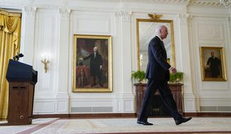 President Joe Biden walks from the podium after speaking about Afghanistan from the East Room of the White House, Monday, Aug. 16, 2021, in Washington. (AP Photo/Evan Vucci)