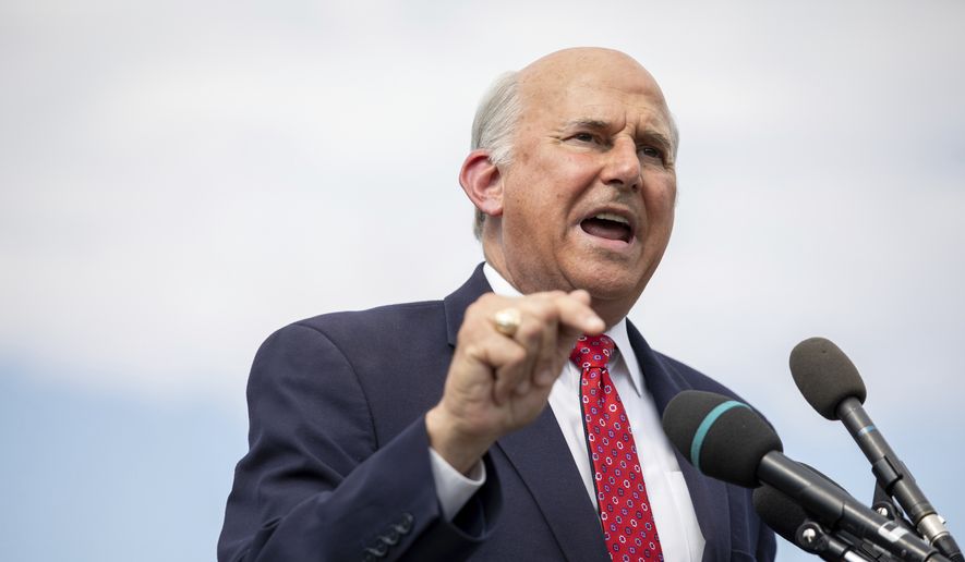 Rep. Louie Gohmert, D-Texas, discusses the infrastructure bill making its way through Congress during a news conference held by the House Freedom Caucus on Capitol Hill in Washington, Monday, Aug. 23, 2021. (AP Photo/Amanda Andrade-Rhoades) ** FILE **