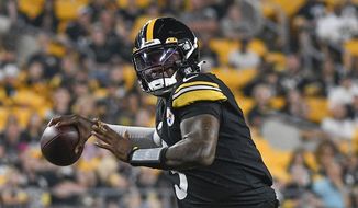 Pittsburgh Steelers quarterback Dwayne Haskins (3) passes against the Detroit Lions during the second half of an NFL preseason football game, Saturday, Aug. 21, 2021, in Pittsburgh. (AP Photo/Don Wright)