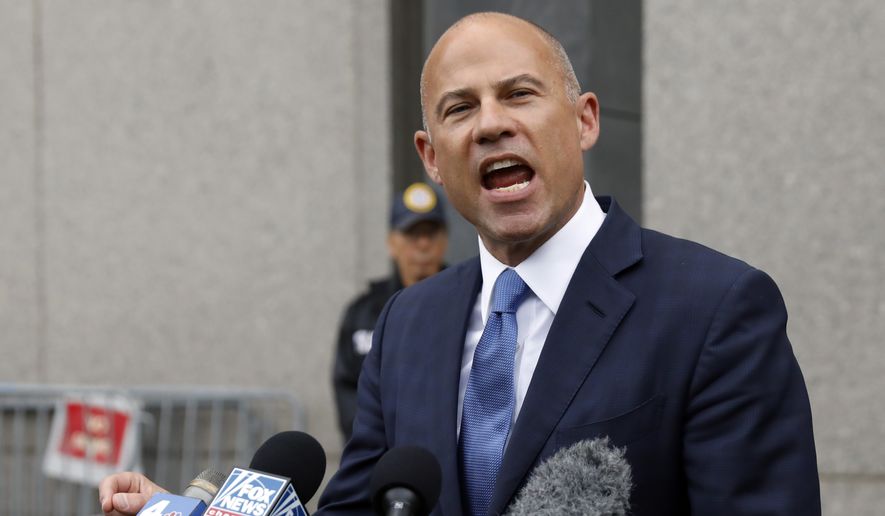 In this Tuesday, July 23, 2019, photo, Michael Avenatti makes a statement to the press as he leaves federal court, in New York. A California judge has declared a mistrial in the embezzlement trial of attorney Avenatti, who is charged with stealing millions in settlement money from his clients. Judge James Selna ruled on technical grounds that federal prosecutors failed to turn over relevant financial evidence to Avenatti. (AP Photo/Richard Drew) **FILE**