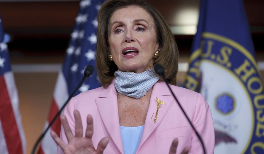 Speaker of the House Nancy Pelosi, D-Calif., meets with reporters at the Capitol in Washington, Wednesday, Aug. 25, 2021. House Democrats passed legislation yesterday that would strengthen a landmark civil rights-era voting law weakened by the Supreme Court over the past decade, but the bill faces dim prospects in the Senate, where they do not have enough votes to overcome opposition from Republicans. (AP Photo/J. Scott Applewhite)