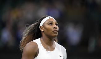 Serena Williams of the U.S. plays Aliaksandra Sasnovich of Belarus for the women&#39;s singles first round match on day two of the Wimbledon Tennis Championships in London, Tuesday, June 29, 2021. Williams added herself to the list of big-name withdrawals from the U.S. Open on Wednesday, Aug. 25, 2021, pulling out of the year’s last Grand Slam tournament because of a torn hamstring. (AP Photo/Kirsty Wigglesworth, File)