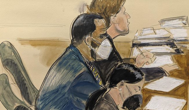 In this courtroom artist&#x27;s sketch R. Kelly, left, listens during his trial in New York, Thursday, Aug. 26, 2021. The 54-year-old Kelly has repeatedly denied accusations that he preyed on several alleged victims during a 30-year career highlighted by his mega hit &amp;quot;I Believe I Can Fly.&amp;quot; (AP Photo/Elizabeth Williams)