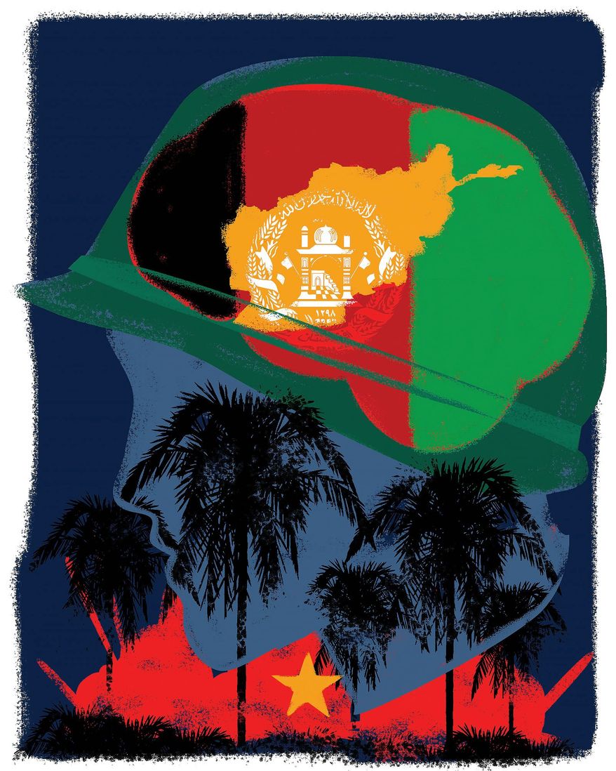 Illustration comparing Afghanistan to Vietnam by Linas Garsys/The Washington Times