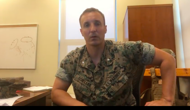 Lt. Col. Stuart Scheller, USMC, is seen in this screen capture from his Aug. 27, 2021, Facebook video, wherein he criticized senior military leadership and its handling of the evacuation of Kabul in light of the deadly suicide bombing attack at the Hamid Karzai International Airport. [https://www.facebook.com/stuart.scheller/videos/561114034931173/]