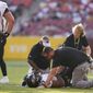 Baltimore Ravens running back J.K. Dobbins (27) lays on the ground after suffering an injuring during the first half of a preseason NFL football game against the Washington Football Team, Saturday, Aug. 28, 2021, in Landover, Md. (AP Photo/Carolyn Kaster) **FILE**