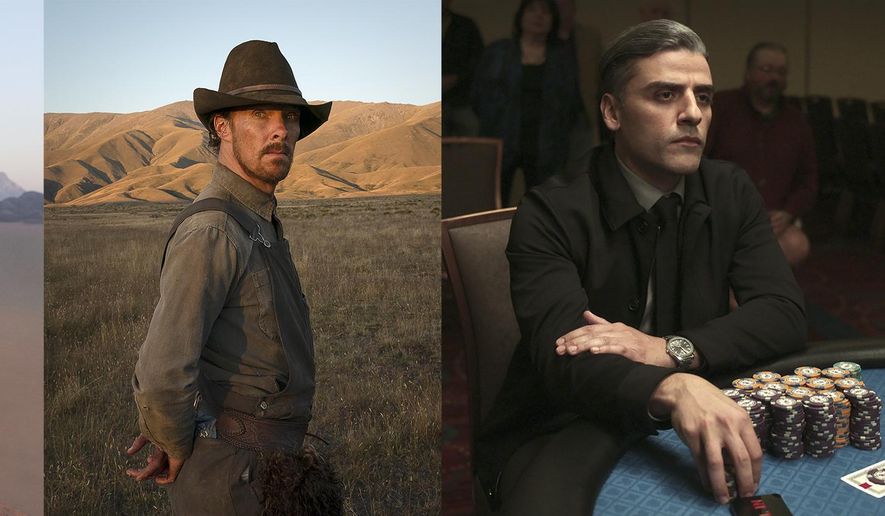 This combination of photos shows, from left, Timothee Chalamet and Rebecca Ferguson in a scene from &amp;quot;Dune,&amp;quot; Benedict Cumberbatch in a scene from &amp;quot;The Power of the Dog,&amp;quot; Oscar Isaac in a scene from &amp;quot;The Card Counter,&amp;quot; and  Jodie Comer in a scene from &amp;quot;The Last Duel.&amp;quot;  The films will premiere at the 78th Venice International Film Festival. (HBO Max/Netflix/Focus Features/20th Century Films via AP)