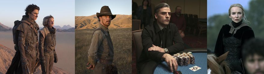 This combination of photos shows, from left, Timothee Chalamet and Rebecca Ferguson in a scene from &amp;quot;Dune,&amp;quot; Benedict Cumberbatch in a scene from &amp;quot;The Power of the Dog,&amp;quot; Oscar Isaac in a scene from &amp;quot;The Card Counter,&amp;quot; and  Jodie Comer in a scene from &amp;quot;The Last Duel.&amp;quot;  The films will premiere at the 78th Venice International Film Festival. (HBO Max/Netflix/Focus Features/20th Century Films via AP)