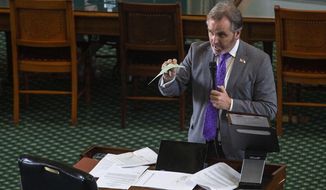 State Sen. Bryan Hughes, R-Mineola, discusses the GOP voting and elections bill at the Capitol in Austin, Texas on Tuesday, Aug. 31, 2021. (Mikala Compton/Austin American-Statesman via AP)