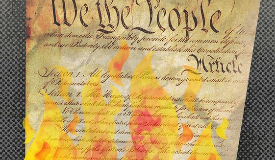 Constitution burning Illustration by Greg Groesch/The Washington Times
