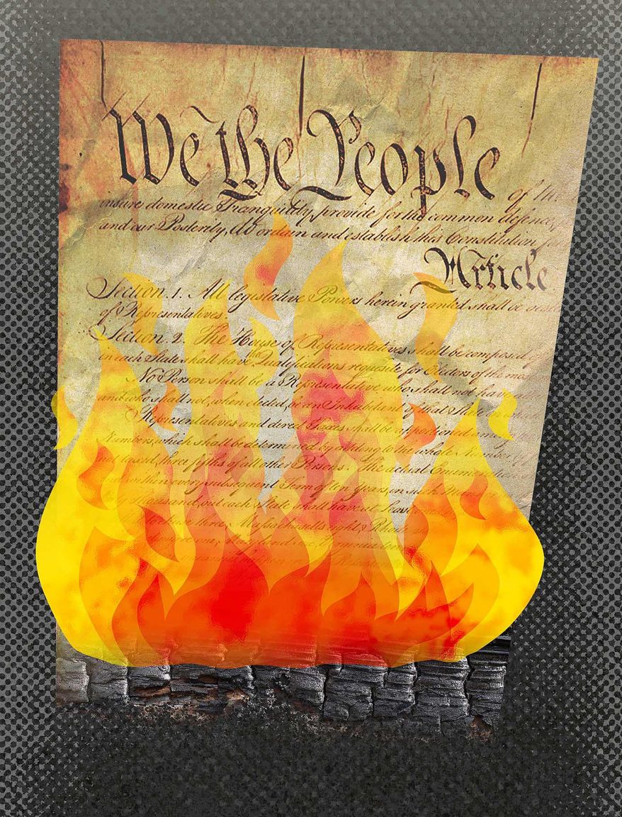 Constitution burning Illustration by Greg Groesch/The Washington Times