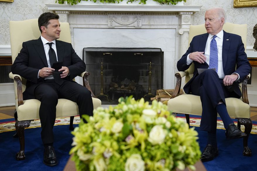 President Joe Biden meets with Ukrainian President Volodymyr Zelenskyy in the Oval Office of the White House, Wednesday, Sept. 1, 2021, in Washington. (AP Photo/Evan Vucci)