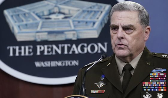 Joint Chiefs of Staff Gen. Mark Milley speaks during a briefing with Secretary of Defense Lloyd Austin at the Pentagon in Washington, Wednesday, Sept. 1, 2021, about the end of the war in Afghanistan. (AP Photo/Susan Walsh)