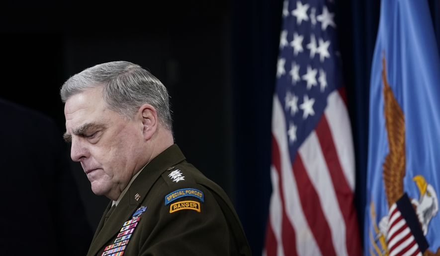 Joint Chiefs of Staff Gen. Mark Milley listens during a briefing with Secretary of Defense Lloyd Austin at the Pentagon in Washington, Wednesday, Sept. 1, 2021, about the end of the war in Afghanistan. (AP Photo/Susan Walsh)