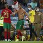 Portugal&#39;s Cristiano Ronaldo, right, celebrates after scoring his side&#39;s second goal during the World Cup 2022 group A qualifying soccer match between Portugal and the Republic of Ireland at the Algarve stadium outside Faro, Portugal, Wednesday, Sept. 1, 2021. (AP Photo/Armando Franca)