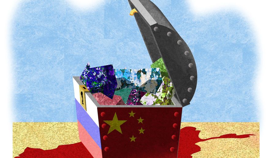 Illustration on China and Russia mineral exploitation in Afghanistan by Alexander Hunter/The Washington Times