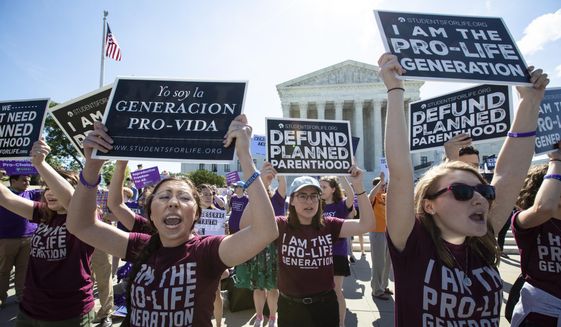 In this June 25, 2018, file photo, pro-life and anti-abortion advocates demonstrate in front of the Supreme Court in Washington. Republican lawmakers in at least a half dozen GOP-controlled states already are talking about copying a Texas law that bans abortions after a fetal heartbeat is detected. The law was written in a way that was intended to avoid running afoul of federal law by allowing enforcement by private citizens, not government officials.  (AP Photo/J. Scott Applewhite, File)