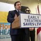 Florida Gov. Ron DeSantis promotes monoclonal antibody treatments at the Florida Department of Health office in West Palm Beach, Fla. Thursday, Sept. 2, 2021. (Lannis Waters/The Palm Beach Post via AP)
