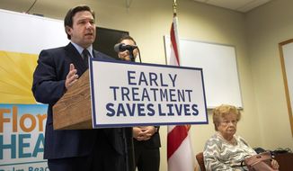 Florida Gov. Ron DeSantis promotes monoclonal antibody treatments at the Florida Department of Health office in West Palm Beach, Fla. Thursday, Sept. 2, 2021. (Lannis Waters/The Palm Beach Post via AP)
