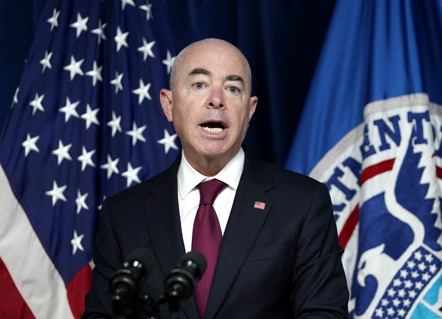 Homeland Security Secretary Alejandro Mayorkas updates reporters on the effort to resettle vulnerable Afghans in the United States, in Washington, Friday, Sept. 3, 2021. (AP Photo/J. Scott Applewhite)