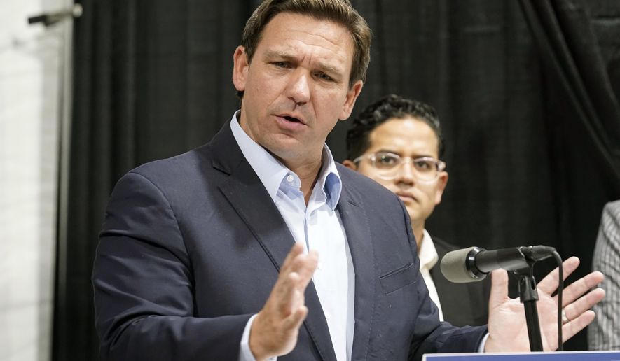 FILE - In this Wednesday, Aug. 18, 2021 file photo, Florida Governor Ron DeSantis speaks at the opening of a monoclonal antibody site in Pembroke Pines, Fla. Florida Gov. Ron DeSantis has appealed a judge’s ruling that the governor exceeded his authority in ordering school boards not to impose strict mask requirements on students to combat the spread of the coronavirus. The governor’s lawyers took their case Thursday, Sept. 2, 2021 to the 1st District Court of Appeal in Tallahassee.  (AP Photo/Marta Lavandier)
