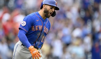New York Mets&#39; Kevin Pillar reacts after he hit a grand slam during the ninth inning of a baseball game against the Washington Nationals, Sunday, Sept. 5, 2021, in Washington. (AP Photo/Nick Wass)