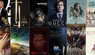 This combination of images shows promotional art for upcoming films, top row from left, &amp;quot;No Time to Die,&amp;quot; &amp;quot;The Last Duel,&amp;quot; &amp;quot;The Many Saints of Newark,&amp;quot; &amp;quot;House of Gucci,&amp;quot; &amp;quot;Dune&amp;quot; and &amp;quot;The French Dispatch,&amp;quot; bottom row from left, &amp;quot;The Eyes of Tammy Faye,&amp;quot; &amp;quot;Ghostbusters: Afterlife,&amp;quot; &amp;quot;The Guilty,&amp;quot; &amp;quot;Dear Evan Hansen,&amp;quot; &amp;quot;Venom: Let There Be Carnage,&amp;quot; and &amp;quot;King Richard.&amp;quot; (Top row from left, MGM/20th Century Studios/Warner Bros-HBO Max/MGM/Warner Bros. Pictures/Searchlight Pictures, bottom row from left, Searchlight Pictures/Sony Pictures/Netflix/ Universal/Sony Pictures/Warner Bros Pictures via AP)