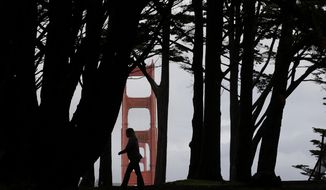 A woman walks under trees at the Golden Gate Overlook in the Presidio with a tower of the Golden Gate Bridge shown at rear in San Francisco, Friday, Oct. 28, 2016. A Pacific storm spread needed rain to much of California on Friday, causing traffic snarls but no immediate trouble for communities near slopes left barren by wildfires. (AP Photo/Jeff Chiu)