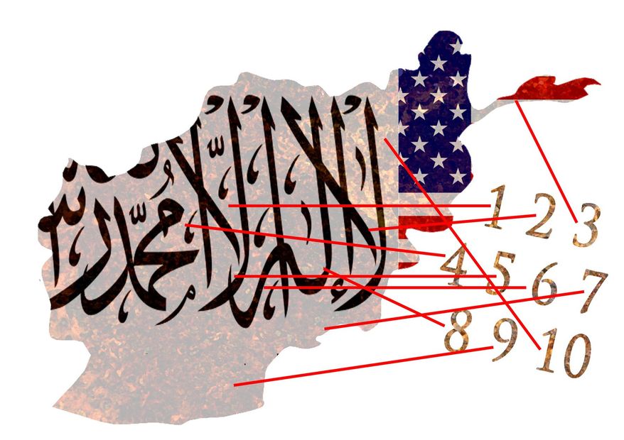 Illustration on 10 reasons for Afghanistan's fall to the Taliban by Alexander Hunter/The Washington Times