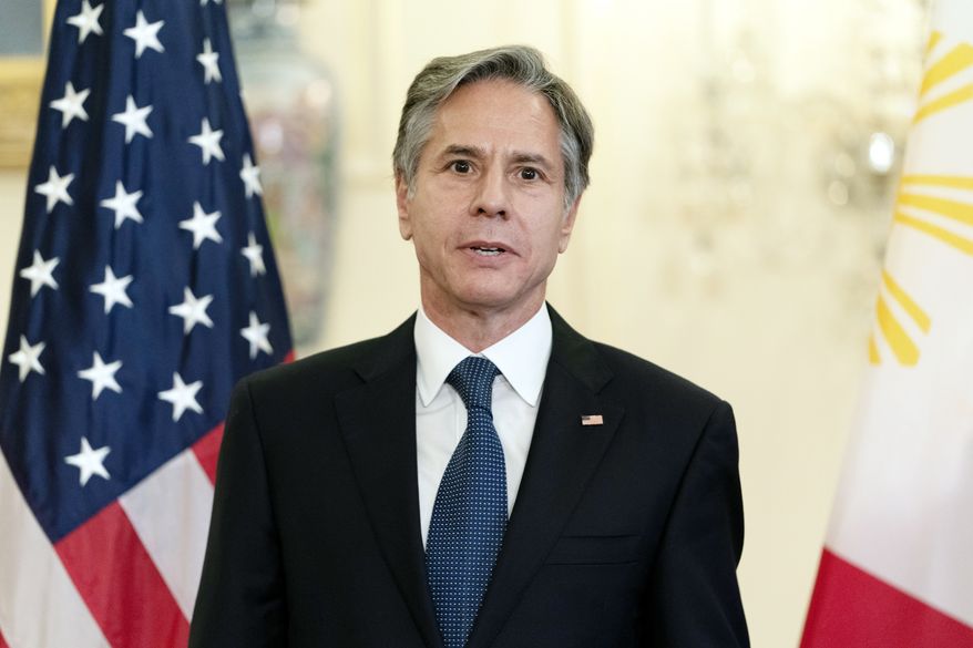 Secretary of State Antony Blinken speaks as he meets with Philippines Foreign Minister Teodoro Locsin, Thursday, Sept. 9, 2021, at the State Department in Washington. (AP Photo/Jacquelyn Martin, Pool)