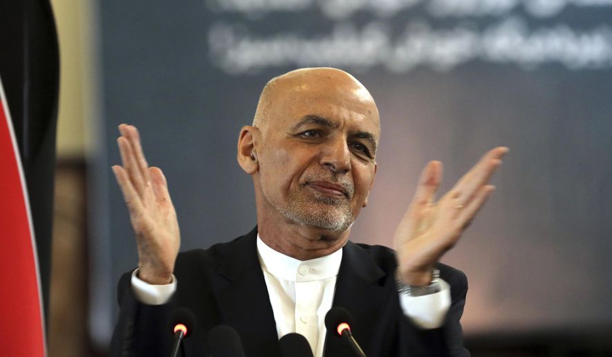 In this March 21, 2021 file photo, Afghan President Ashraf Ghani speaks during a ceremony celebrating the Persian New Year, Nowruz at the presidential palace in Kabul, Afghanistan. Afghanistan’s embattled president left the country Sunday, Aug. 15, 2021, joining his fellow citizens and foreigners in a stampede fleeing the advancing Taliban and signaling the end of a 20-year Western experiment aimed at remaking Afghanistan. (AP Photo/Rahmat Gul, File)