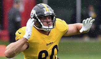 Pittsburgh Steelers linebacker T.J. Watt works through drills during the NFL football team&#39;s practice Wednesday, Sept. 8, 2021, in Pittsburgh. (Matt Freed/Pittsburgh Post-Gazette via AP) **FILE**