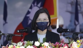 Taiwan&#39;s President Tsai Ing-wen delivers a keynote speech during the commissioning ceremony of the domestically made Ta Jiang warship at the Suao naval base in Yilan county, Taiwan, Thursday, Sept. 9, 2021. Taiwan&#39;s president oversaw the commissioning of the new domestically made navy warship Thursday as part of the island&#39;s plan to boost indigenous defense capacity amid heightened tensions with China. (AP Photo/Chiang Ying-ying) ** FILE **