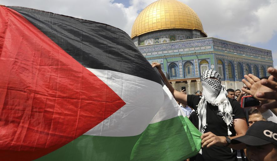 In this file photo, protesters hold a Palestinian flag during a protest held on Friday, Sept. 10, 2021. Huwaida Arraf, a Palestinian-American woman who co-founded the group International Solidarity Movement, has announced she is running as a Democrat in Michigan’s 10th Congressional District, looking to unseat Republican Rep. Lisa McClain in the November 2022 midterms. (AP Photo/Mahmoud Illean)  **FILE**