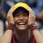 Emma Raducanu, of Britain, reacts after defeating Leylah Fernandez, of Canada, during the women&#39;s singles final of the US Open tennis championships, Saturday, Sept. 11, 2021, in New York. (AP Photo/Elise Amendola) **FILE**