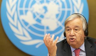 U.N. Secretary-General Antonio Guterres talks to media at a press conference, during the High-Level Ministerial Event on the Humanitarian Situation in Afghanistan, at the European headquarters of the United Nation, in Geneva, Switzerland, Monday, Sept. 13, 2021. (Salvatore Di Nolfi/Keystone via AP)