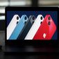 Seen on the screen of a device in La Habra, Calif., new iPhone 13 smartphones are introduced during a virtual event held to announce new Apple products Tuesday, Sept. 14, 2021. (AP Photo/Jae C. Hong) ** FILE **