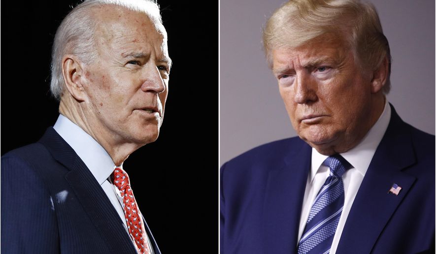 In this combination of file photos, former Vice President Joe Biden speaks in Wilmington, Del., on March 12, 2020, left, and President Donald Trump speaks at the White House in Washington on April 5, 2020. (AP Photo, File)