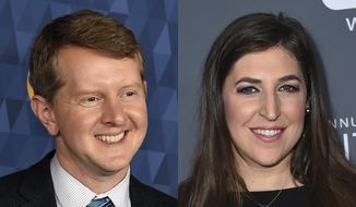 Ken Jennings appears at the 2020 ABC Television Critics Association Winter Press Tour in Pasadena, Calif., on  Jan. 8, 2020, left, and actress Mayim Bialik appears at the 23rd annual Critics&#x27; Choice Awards in Santa Monica, Calif., on Jan. 11, 2018. Jennings and Bialik will split “Jeopardy!” hosting duties for the remainder of the game show’s 38th season. (AP Photo)