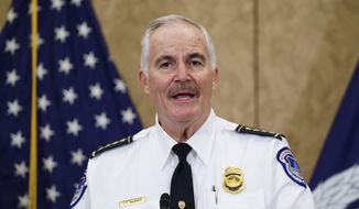 U.S. Capitol Police Chief Tom Manger holds a news conference at the U.S. Capitol in this Friday, Sept. 17, 2021 file photo. (AP Photo/J. Scott Applewhite)  ** FILE **