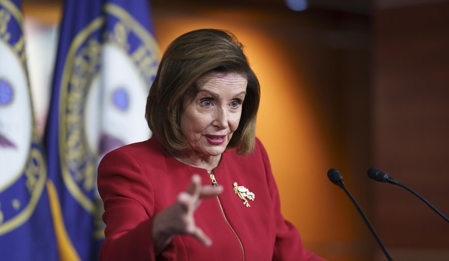 In this Sept. 8, 2021, file photo speaker of the House Nancy Pelosi, D-Calif., meets with reporters to discuss President Joe Biden&#x27;s domestic agenda including passing a bipartisan infrastructure bill and pushing through a Democrats-only expansion of the social safety net, the at the Capitol in Washington. (AP Photo/J. Scott Applewhite, File)