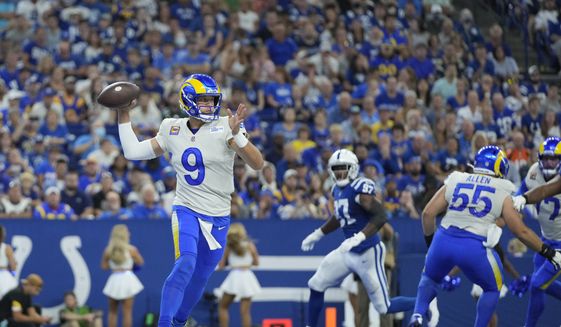 Los Angeles Rams quarterback Matthew Stafford (9) throws during the first half of an NFL football game against the Indianapolis Colts, Sunday, Sept. 19, 2021, in Indianapolis. (AP Photo/AJ Mast)